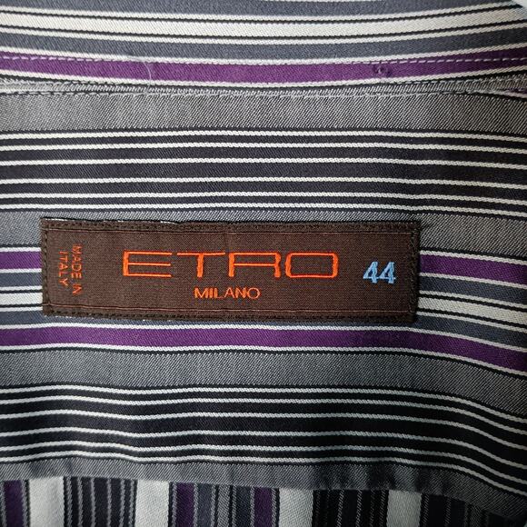 ETRO Milano Shirt Men Size 44 Gray Stripe Flip Cuff - Picture 2 of 10